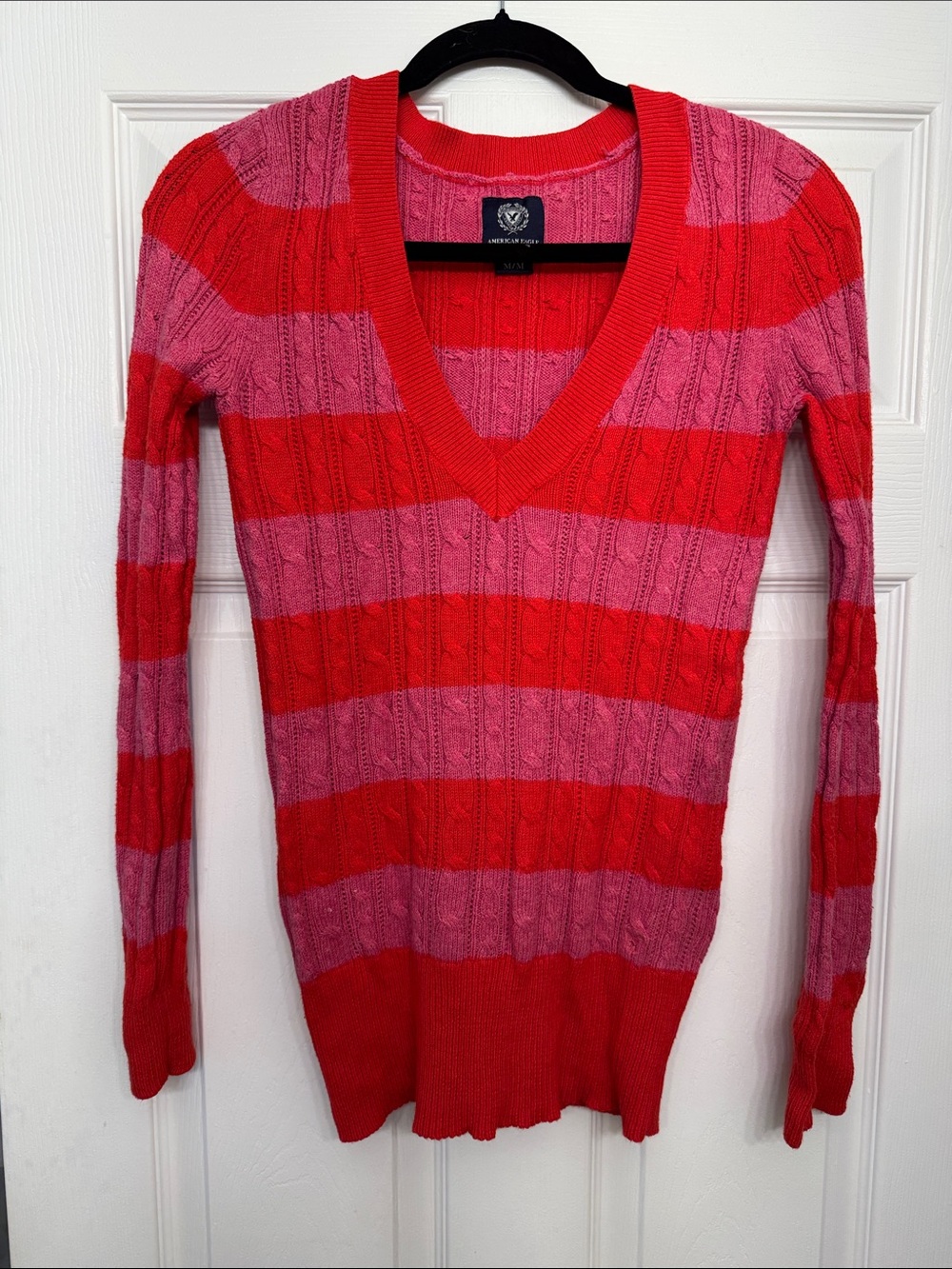 American Eagle Outfitters Striped V‑Neck Sweater in Red & Pink